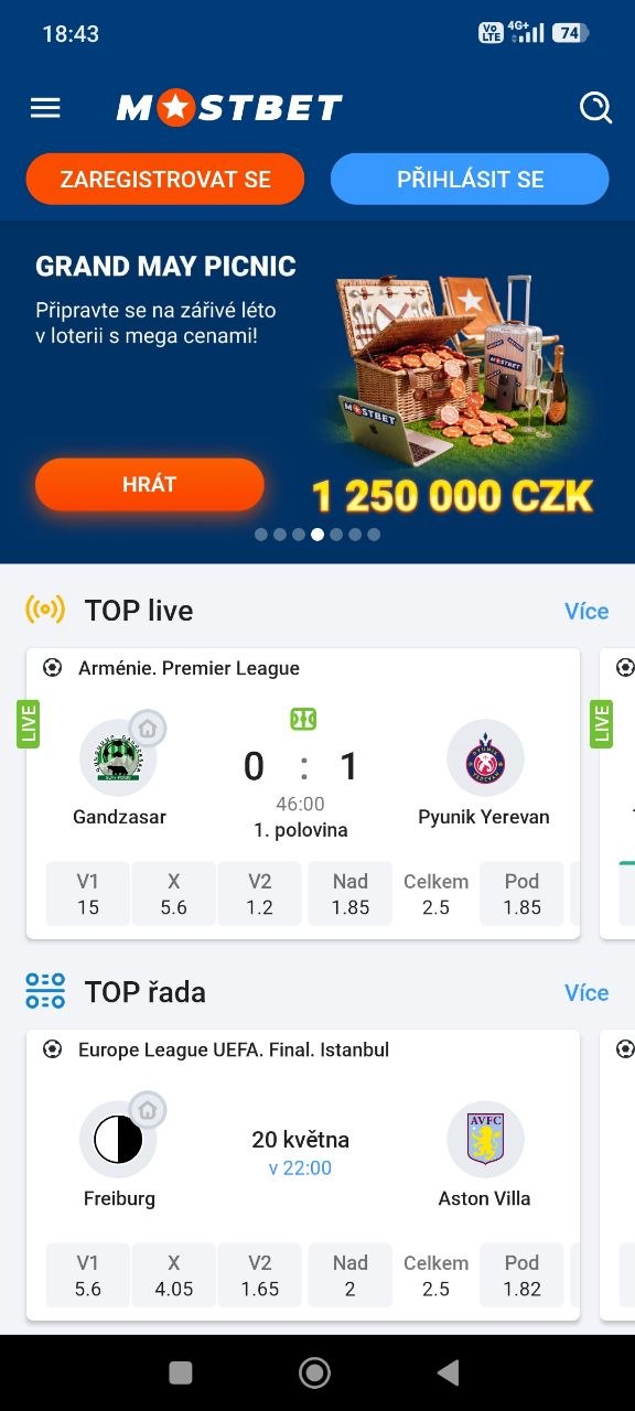 Rozhraní mobilní aplikace Mostbet se sekcemi Aviator, E-sport a Poker