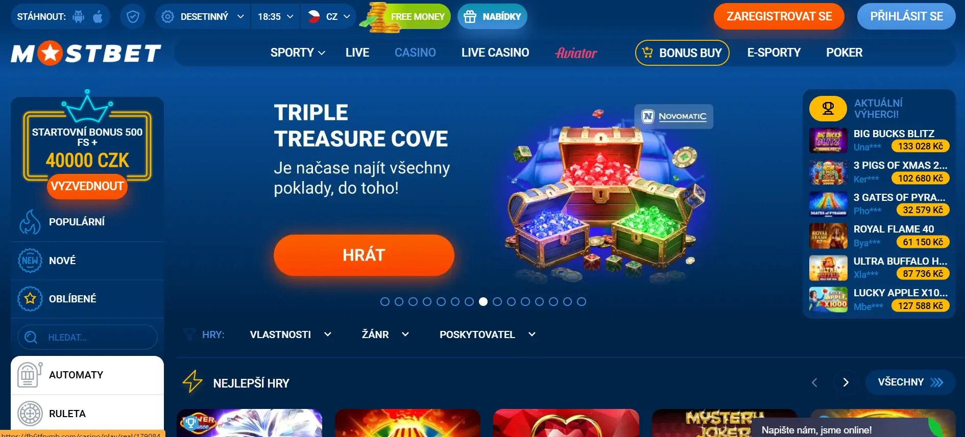 Hlavní stránka Mostbet CZ s ukázkou navigačního menu