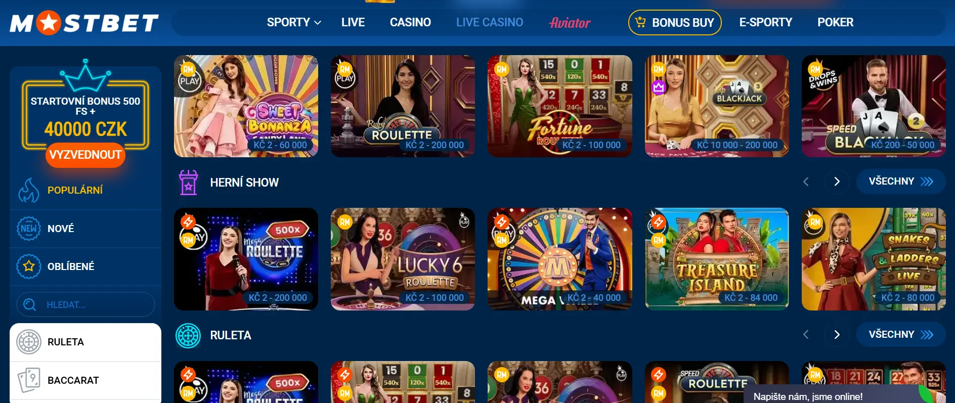 Sekce Live Casino Mostbet s nabídkou stolů Blackjack a Ruleta od Evolution Gaming